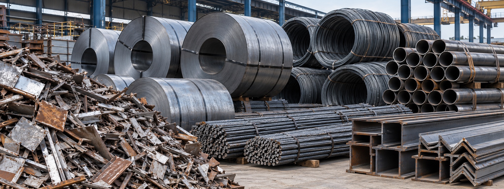 Metal scrap, hot-rolled coils, wire rod, pipes, rebars and structural steel products in an industrial stockyard