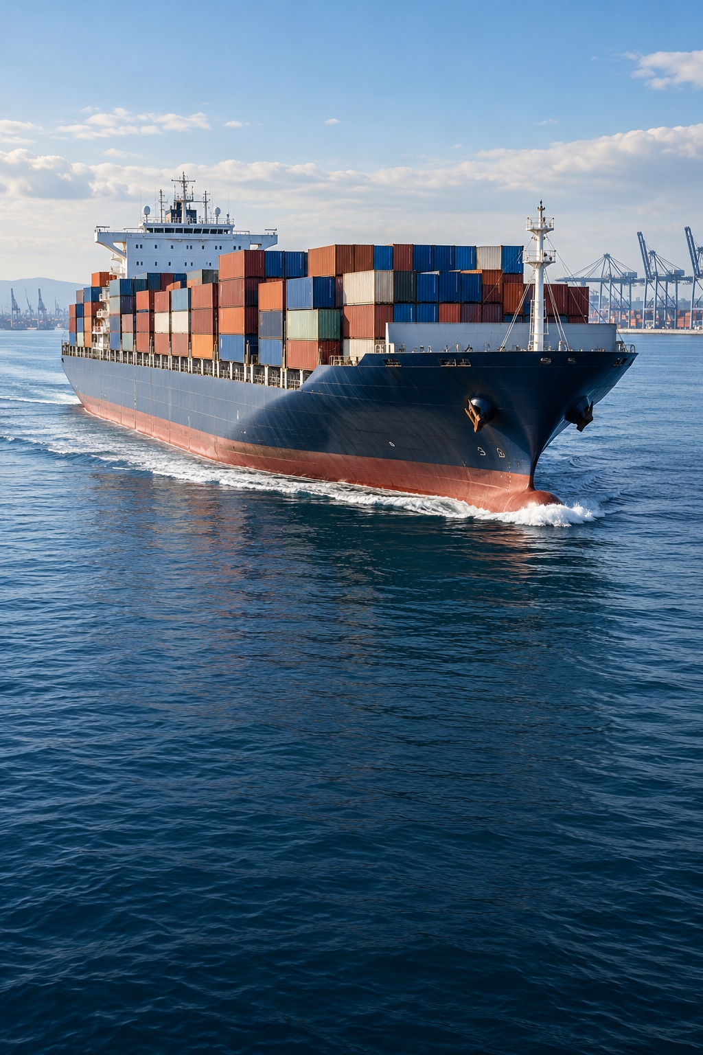 Cargo vessel carrying shipping containers at sea