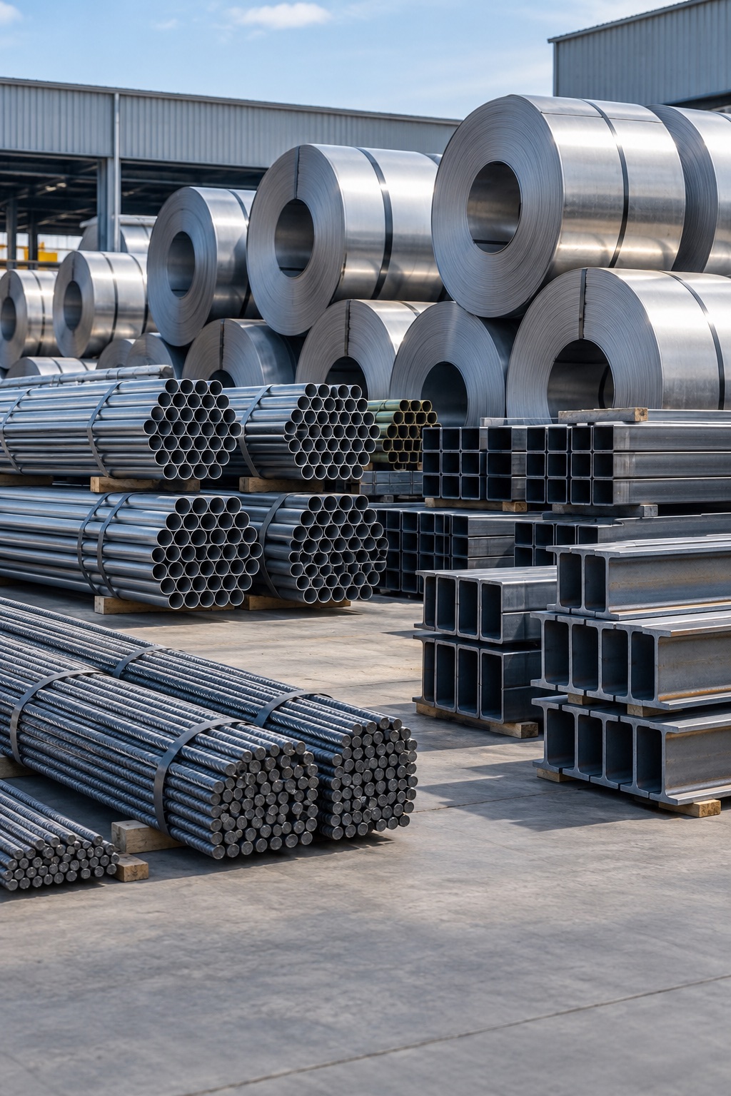 Steel coils, sheet, structural sections and reinforcing bars in a warehouse